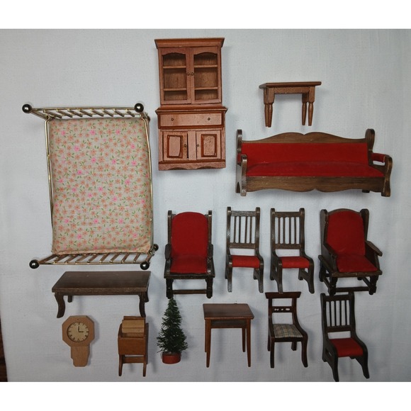 Other - Vtg Miniature Dollhouse Wooden Wingback Living Room Set Sofa & 2 Chairs /Bed Lot